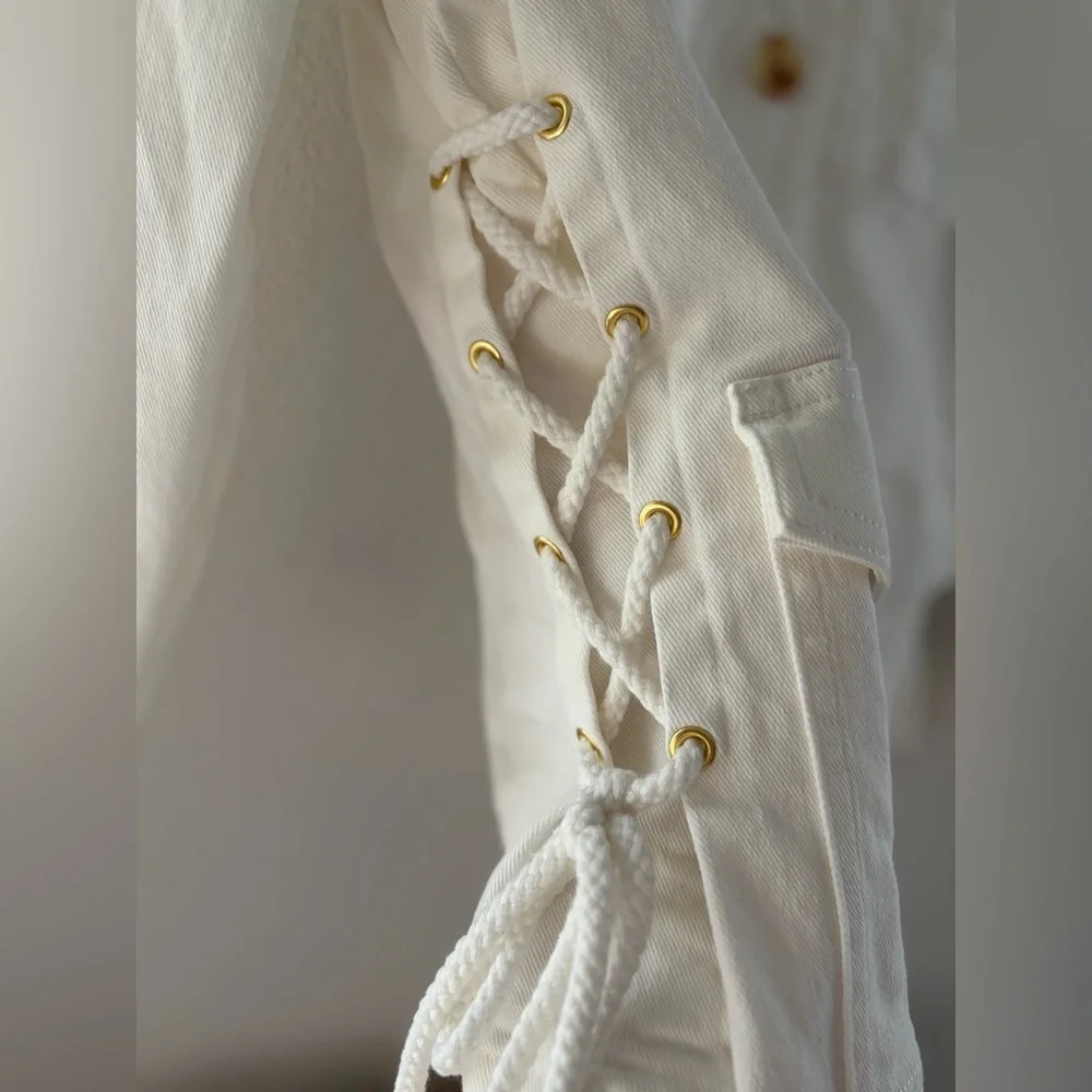 Spartina 449 Ivana Lace-Up Utility Jacket Pearl White Stretch Cotton XXS